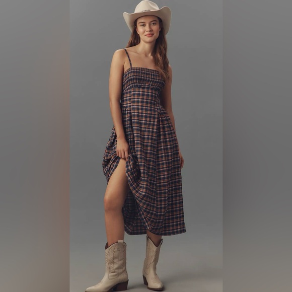 Anthropologie Dresses & Skirts - Anthropologie Pilcro Plaid Smocked Midi Dress NWT Navy Orange Cottagecore
